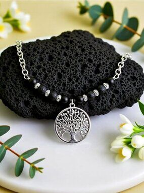 Handmade Tree of Life Necklace • Black Lava Rock + Silver Medallion • 17" Choker